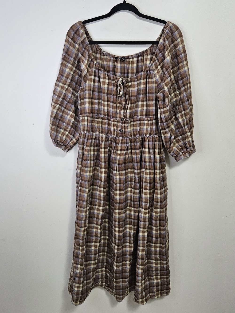 Madewell Gauze Sophia Midi Dress Sz S Brown Plaid Cottagecore - Picture 3 of 11